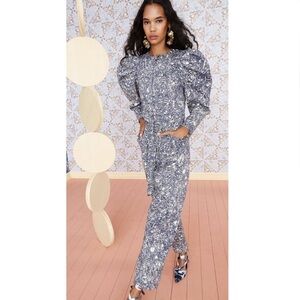 Ulla Johnson Pascal Marble Denim Belted Jumpsuit in Indigo Blue, Size 2